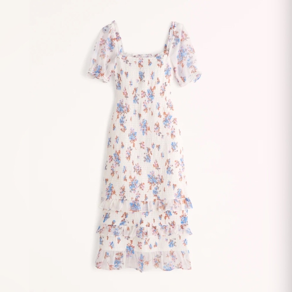 Abercrombie & Fitch Smocked Puff Sleeve Midi Dress